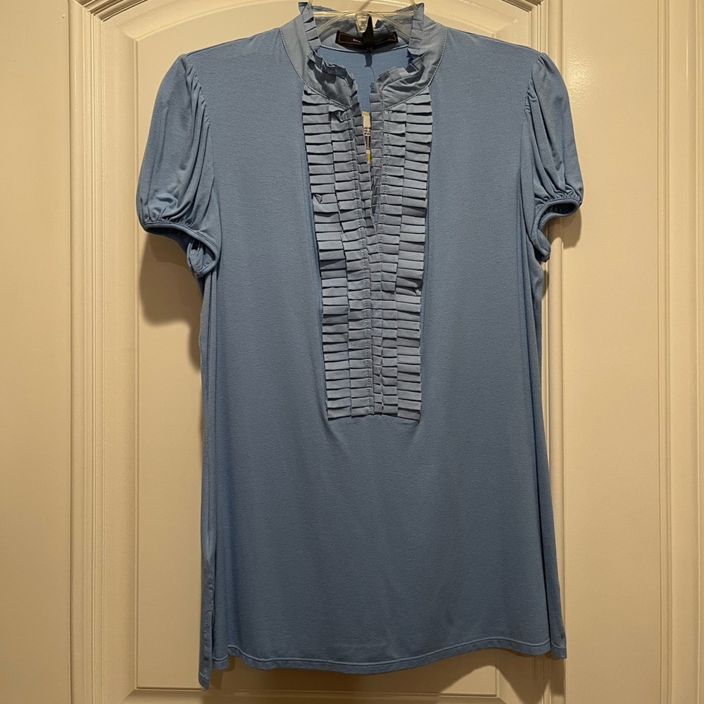 BCBGMAXAZRIA Blue and White Ruffle shirt